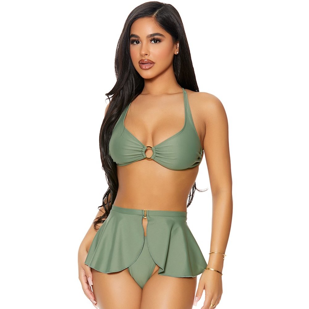 Criss Cross Bikini Top with Peplum Skirt and Bottoms Set - Sage